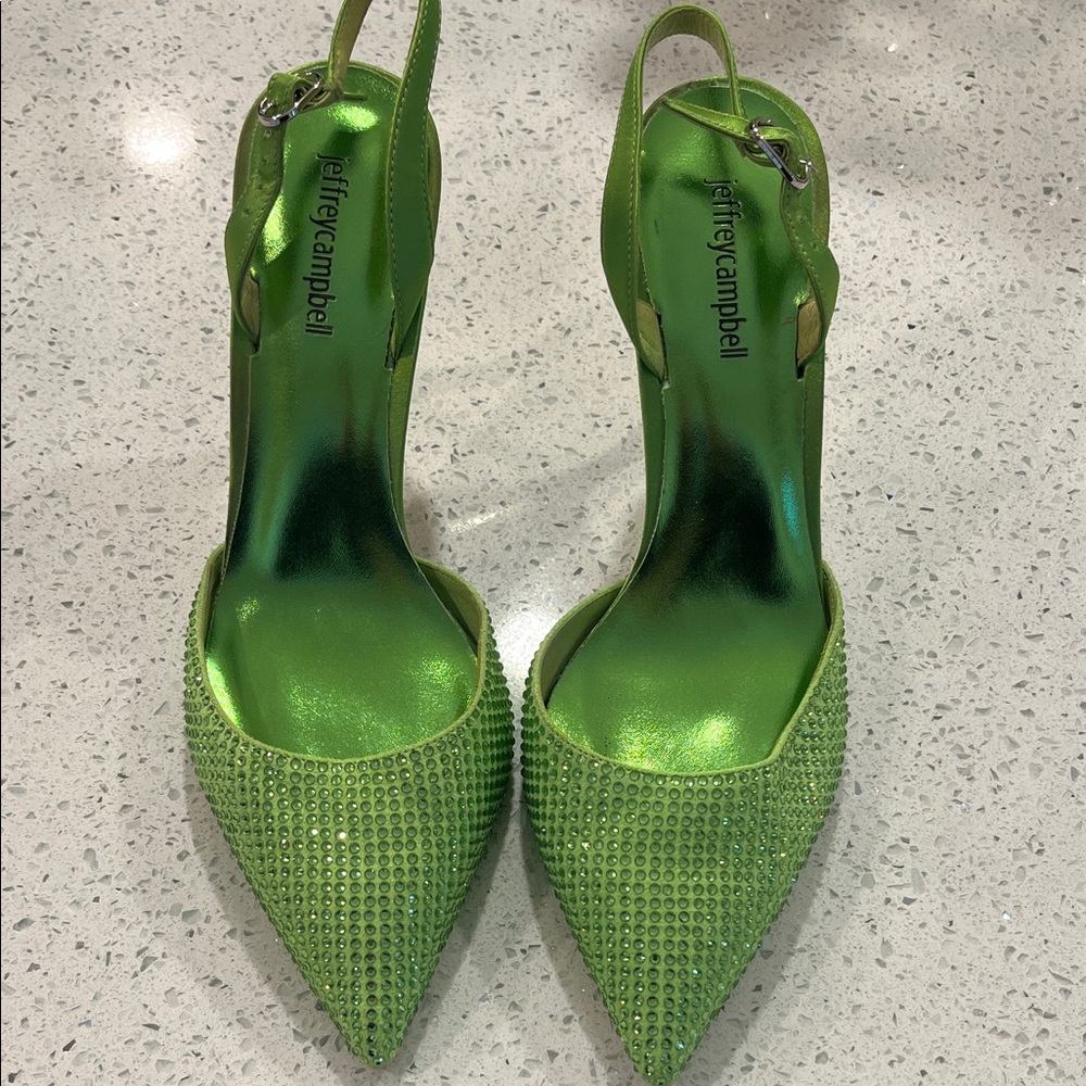Jeffrey Campbell Lime Green Crystal-Embellished Pointed Slingback Heels